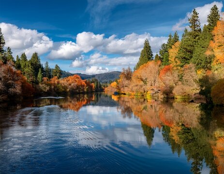 nearly perfect fall reflections with blue sky and fluffy white clouds while rafting down the rogue river in oregon