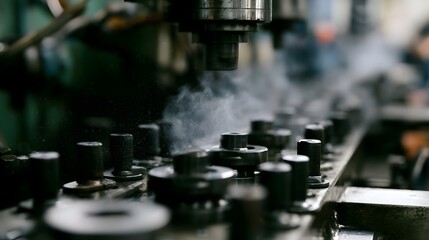 Naklejka premium A detailed view of a mechanical assembly line in an industrial setting with moving parts dust and smoke in the air
