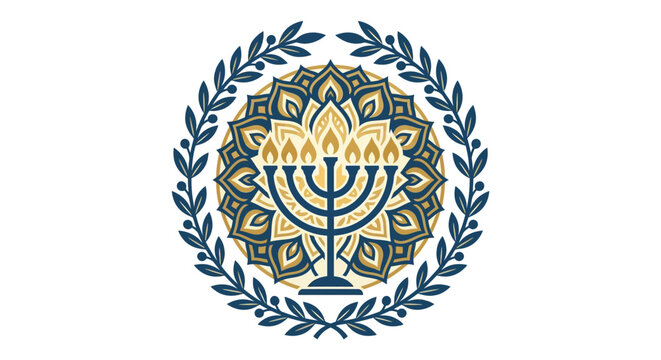 Minimalist flat design 2D single icon of a Hanukkah menorah with flames shaped into the letter F symbolizing faith and festival of lights in a clean white space perfect for holiday branding