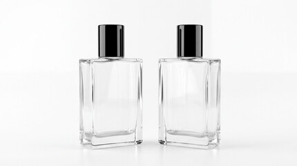 Naklejka premium Two empty glass perfume bottles with black caps