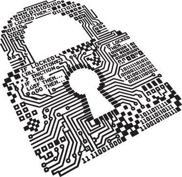 A digital security concept showing a padlock made of intricate circuit board patterns and binary code on white background