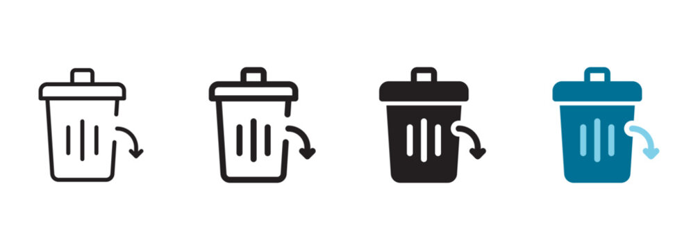 Lean manufacturing icon with trash bin and an arrow moving outward representing smart factory waste elimination, digital manufacturing process optimization management, and production efficiency tech.