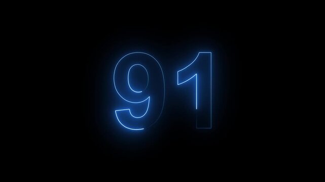 Neon Number 91 Animation with Glowing Electric Light Effect on Dark Background.
