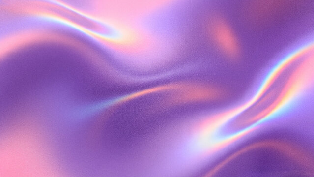 Abstract trendy grainy holographic gradient background displaying smooth purple and pink liquid fluid waves with dynamic iridescent rainbow neon prism glow.