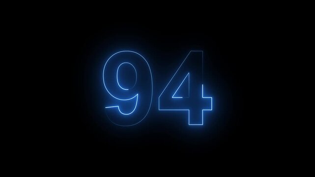 Neon Number 94 Animation with Glowing Electric Light Effect on Dark Background.
