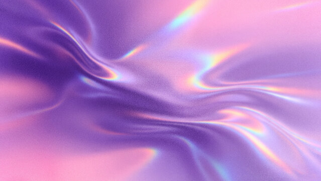 Abstract trendy grainy holographic gradient background displaying smooth purple and pink liquid fluid waves with dynamic iridescent rainbow neon prism glow.