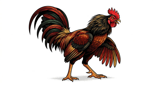 Aggressive rooster crowing and flapping wings vector illustration isolated on white background