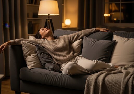 A woman relaxing on a comfortable grey sofa in a cozy, dimly lit living room at night, enjoying a peaceful moment of rest and tranquility