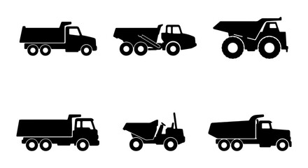 Dump Truck Icons, Construction Vehicle Silhouettes, Heavy Machinery Vector Set © Farzana