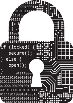 Black padlock icon with binary code and circuit board pattern symbolizing internet data security and protection