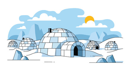 Flat style vector illustration of arctic igloo houses surrounded by snowy landscape. Perfect for winter, travel, education and geography concepts © Amie