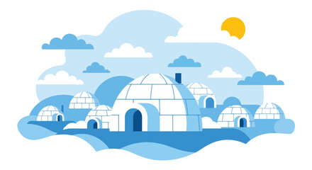 Flat style vector illustration of arctic igloo houses surrounded by snowy landscape. Perfect for winter, travel, education and geography concepts © Amie