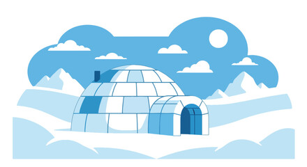 Flat style vector illustration of arctic igloo houses surrounded by snowy landscape. Perfect for winter, travel, education and geography concepts © Amie