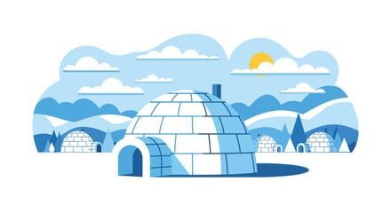 Flat style vector illustration of arctic igloo houses surrounded by snowy landscape. Perfect for winter, travel, education and geography concepts © Amie