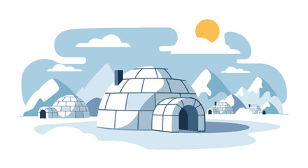 Flat style vector illustration of arctic igloo houses surrounded by snowy landscape. Perfect for winter, travel, education and geography concepts © Amie