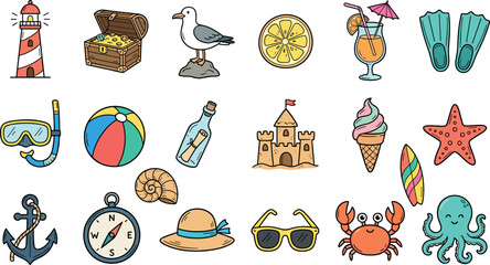 Summer beach vacation vector set with lighthouse treasure chest seagull cocktail flippers snorkel ball sandcastle icecream starfish anchor and crab © SARIFA