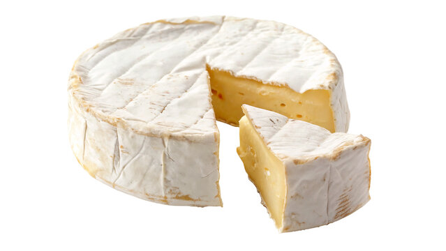 Gourmet camembert brie cheese wheel cut with slice isolated on a transparent background dairy food