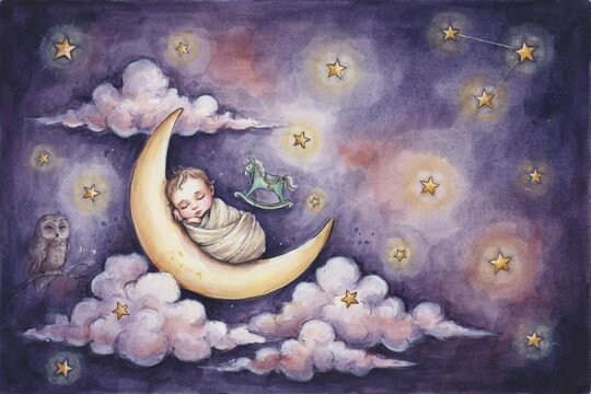 Watercolor painting of a sleeping baby wrapped in a blanket resting on a crescent moon surrounded by fluffy clouds and stars in a night sky