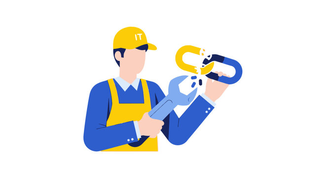 IT Support Technician Fixing a Broken Link with Wrench, Concept of Website Maintenance, Technical Troubleshooting, and SEO Link Building Strategy Flat Vector Illustration