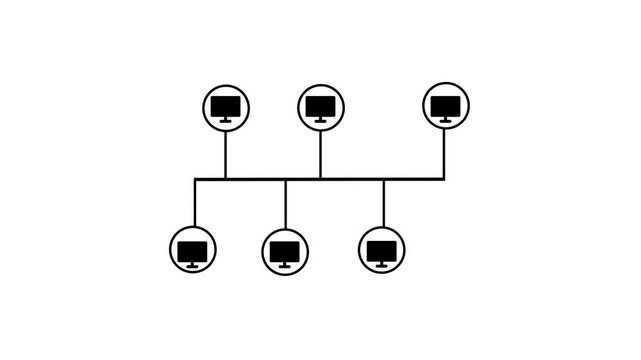 Computer network connection topology icon, digital communication concept, network topology, server connection, data transfer, interconnected computer nodes, technology animation.