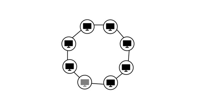 Computer network connection topology icon, digital communication concept, network topology, server connection, data transfer, interconnected computer nodes, technology animation.