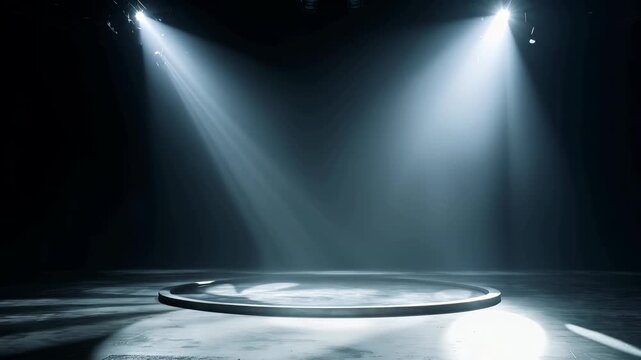 Empty stage spotlight dark background circular platform theater smoke beam light dramatic lighting round platform scene SEO title for searchable video upload dark theater spotlight with empty stage