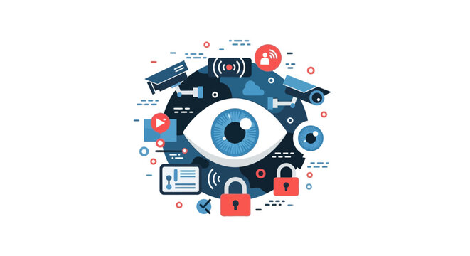 Global Surveillance and Digital Privacy Concept Vector Illustration with Security Cameras, Padlocks, and Big Eye Icon representing Data Monitoring and Cyber Security