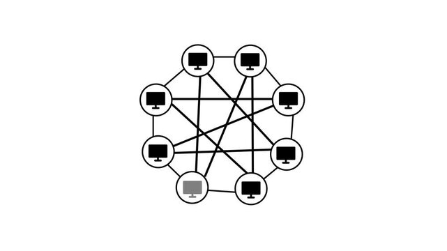 Computer network connection topology icon, digital communication concept, network topology, server connection, data transfer, interconnected computer nodes, technology animation.