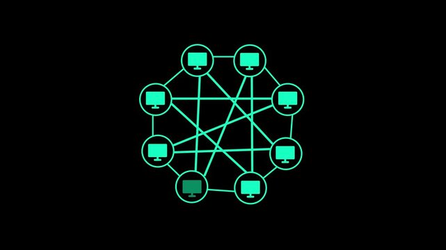 Computer network connection topology icon, digital communication concept, network topology, server connection, data transfer, interconnected computer nodes, technology animation.