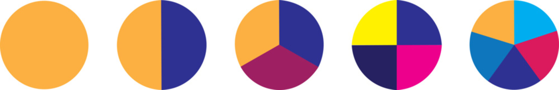 Pie chart set. Colorful diagram with 2,3,4,5 sections or steps. Pie charts diagrams, Progress sectors, vector-eps 