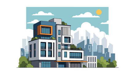 Obraz premium Flat style vector illustration of a contemporary modern apartment building with greenery and city skyline. Perfect for housing, property and urban themes