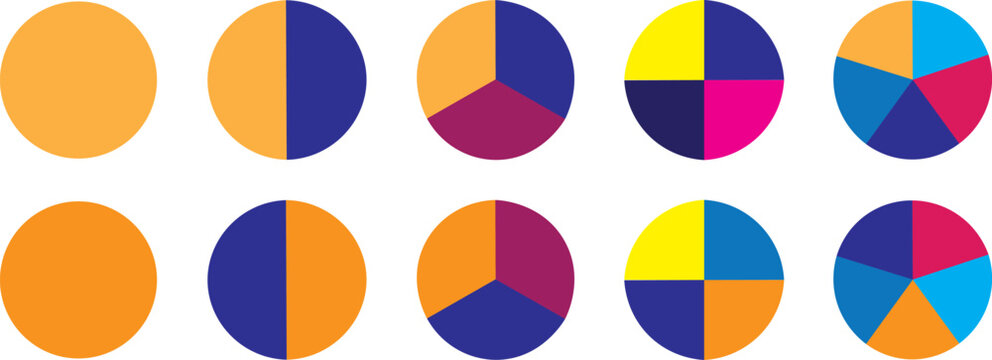 Pie chart set. Colorful diagram with 2,3,4,5 sections or steps. Pie charts diagrams, Progress sectors, vector-eps 