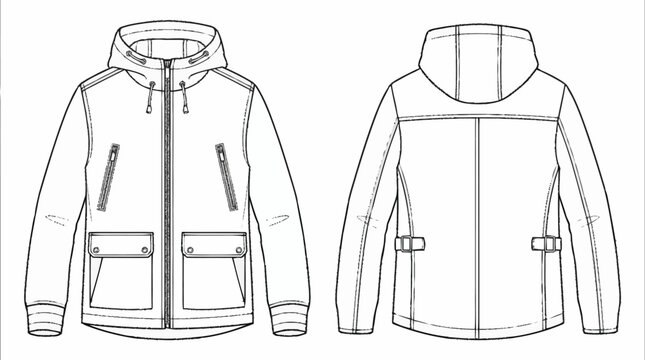 Front and back view of a hooded jacket fashion illustration.