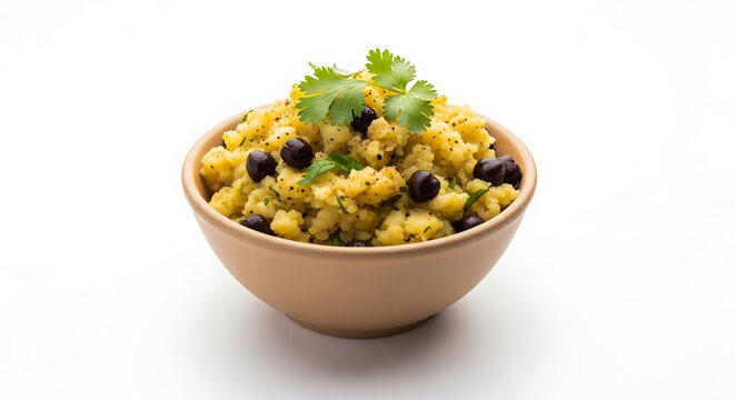 Traditional Indian breakfast dish known as Aloo Masala or Batata Bhaji served in a ceramic bowl. 
