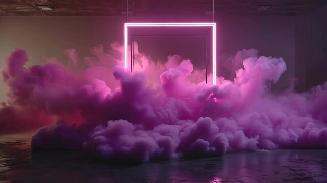 Pink Smoke Cloud Neon Glow in Dark Studio, Abstract Atmosphere with Frame, Purple Haze, Reflective Floor, Dramatic Light Scene, Mystic Fog, SEO Friendly Title