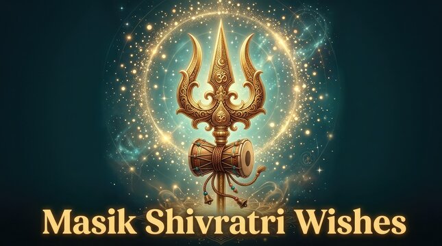 Deep teal background banner with a glowing golden trishul trident surrounded by magical stardust rings for masik shivratri