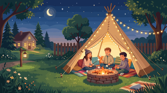 Group of kids sitting in a teepee tent roasting marshmallows at night