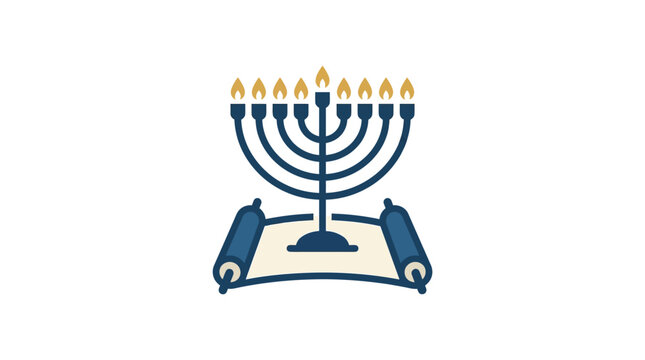 Minimalist flat design 2D single icon of a traditional Hanukkah menorah candle holder on an open book symbolizing religious celebration and Jewish festival of lights with white space for cle