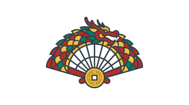 Minimalist flat design 2D single icon of a traditional Chinese fan gracefully unfolding symbolizing prosperity and joy for Lunar New Year celebrations with red and gold cultural motifs on pu