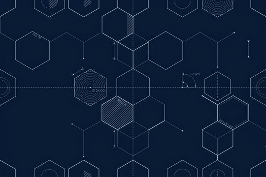 Abstract technical blueprint pattern with hexagonal shapes, geometric lines, dimension markers, and numerical data on a dark blue background