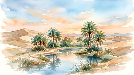 Fototapeta premium oasis, desert, palm trees, watercolor, painting, landscape, water, stream, river, lake, pond, sand, dunes, sahara, nature, wilderness, scenic, illustration, artwork, fine art, tranquil, peaceful, suns