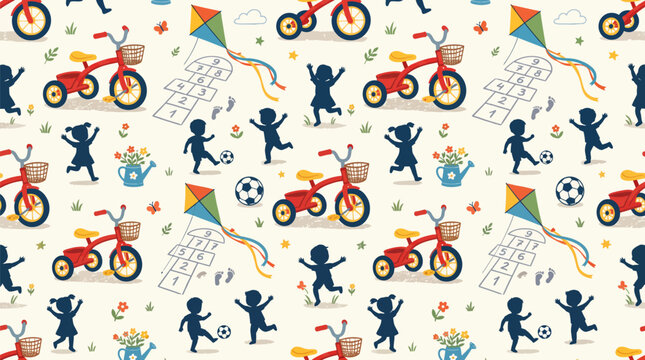 Seamless pattern with children playing outdoors and bicycles seamless children