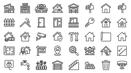 Set of 36 house outline icons vector collection with editable stroke for real estate and home services