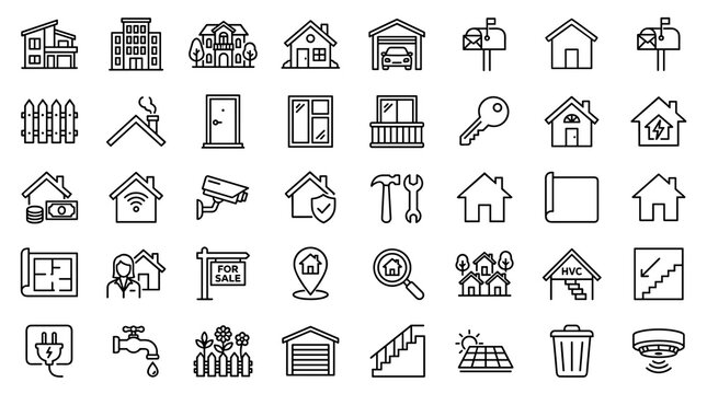 Set of 36 house outline icons vector collection with editable stroke for real estate and home services