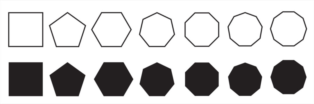 Geometric polygons shapes set from square to decagon vector icons