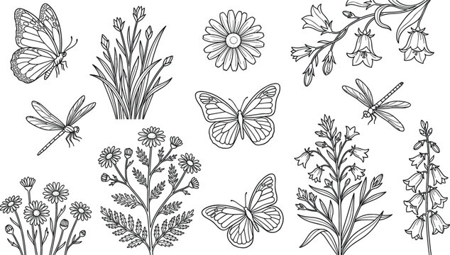 Wildflower and Butterfly Line Art Vector Set with Camomile, Bluebells, and Dragonflies for Botanical Coloring Books, Tattoo Designs, and Floral Embroidery Patterns