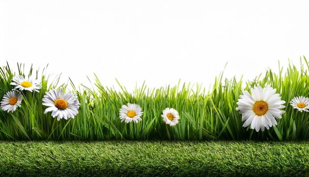 a bright green grass cut lawn edge border with daisy flowers growing in an isolated patch of uncut grass against a white background