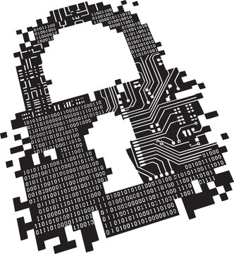 Modern abstract illustration of a digital security padlock composed of binary code and electronic circuit board elements representing internet safety and data protection