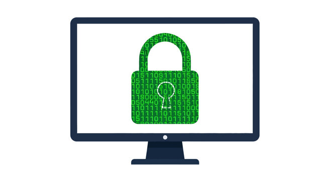 Cybersecurity Concept Illustration with Binary Code Padlock on Computer Monitor Screen