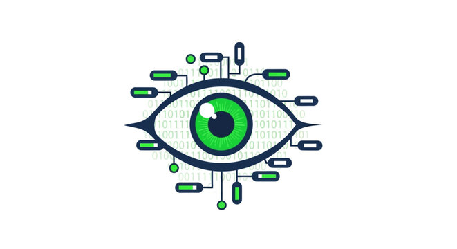 Cyber Security and Artificial Intelligence Concept: Digital Eye with Binary Code, Circuit Nodes, and Data Progress Bars